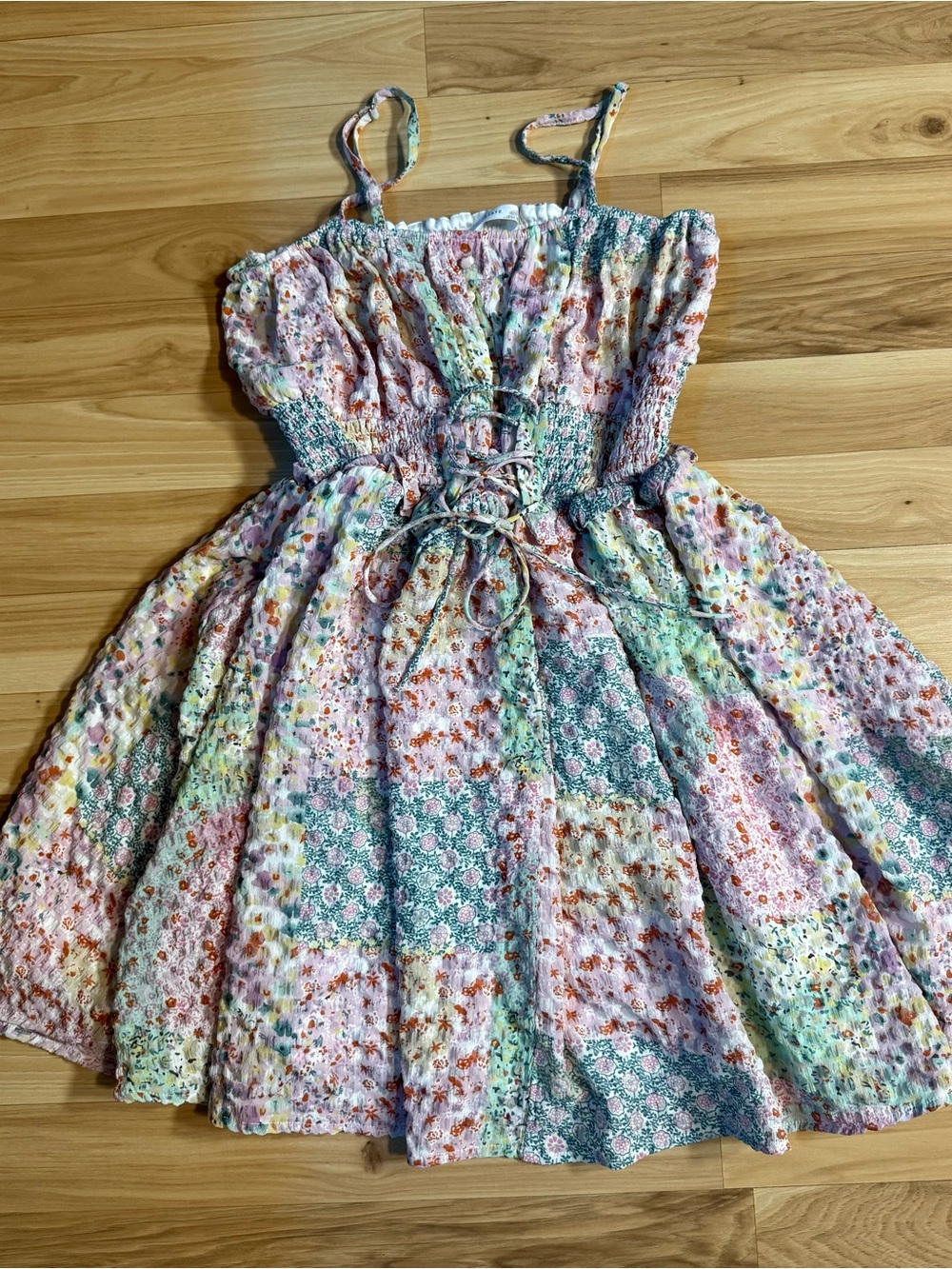 Altar'd State Patchwork Floral Mini Dress in Pink & Green